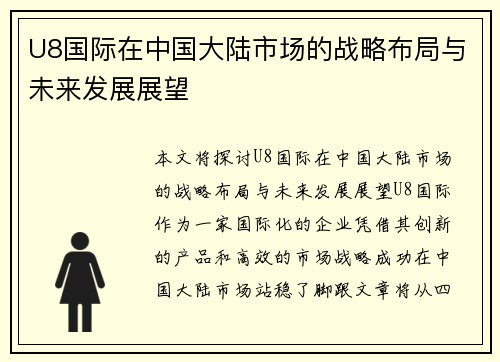 U8国际在中国大陆市场的战略布局与未来发展展望