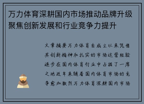 万力体育深耕国内市场推动品牌升级聚焦创新发展和行业竞争力提升