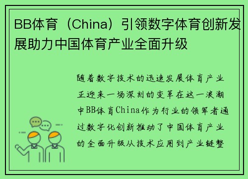 BB体育（China）引领数字体育创新发展助力中国体育产业全面升级